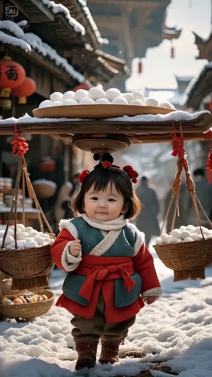 A Little Chinese Girl Singing with a Basket of Eggs