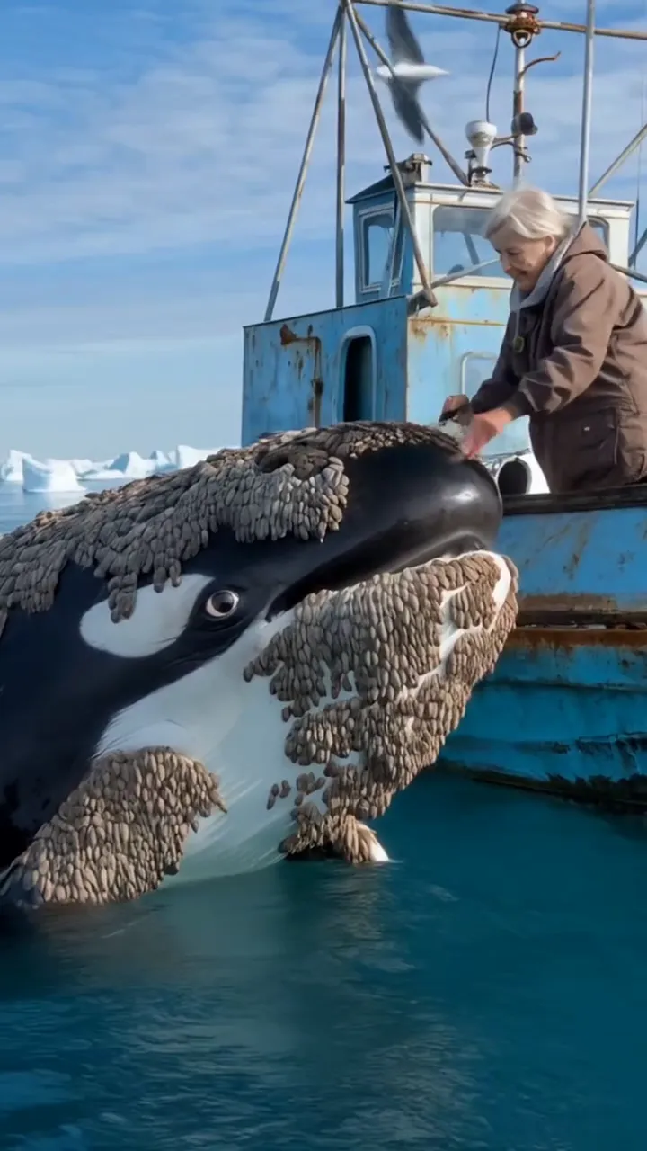 an old woman cleaning a big fish with care